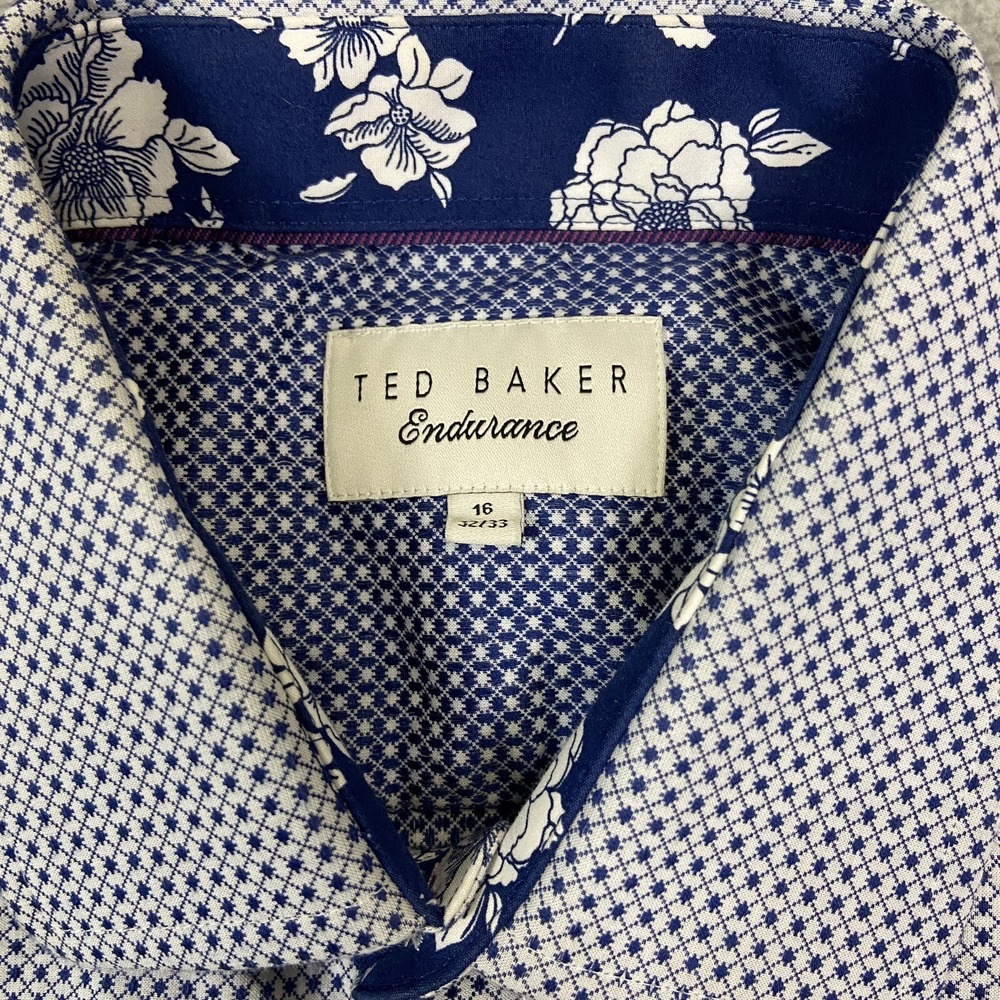 Ted Baker Endurance Mens Blue White Micro Print Floral Trim Dress Shirt 16 32/33 - Picture 2 of 8